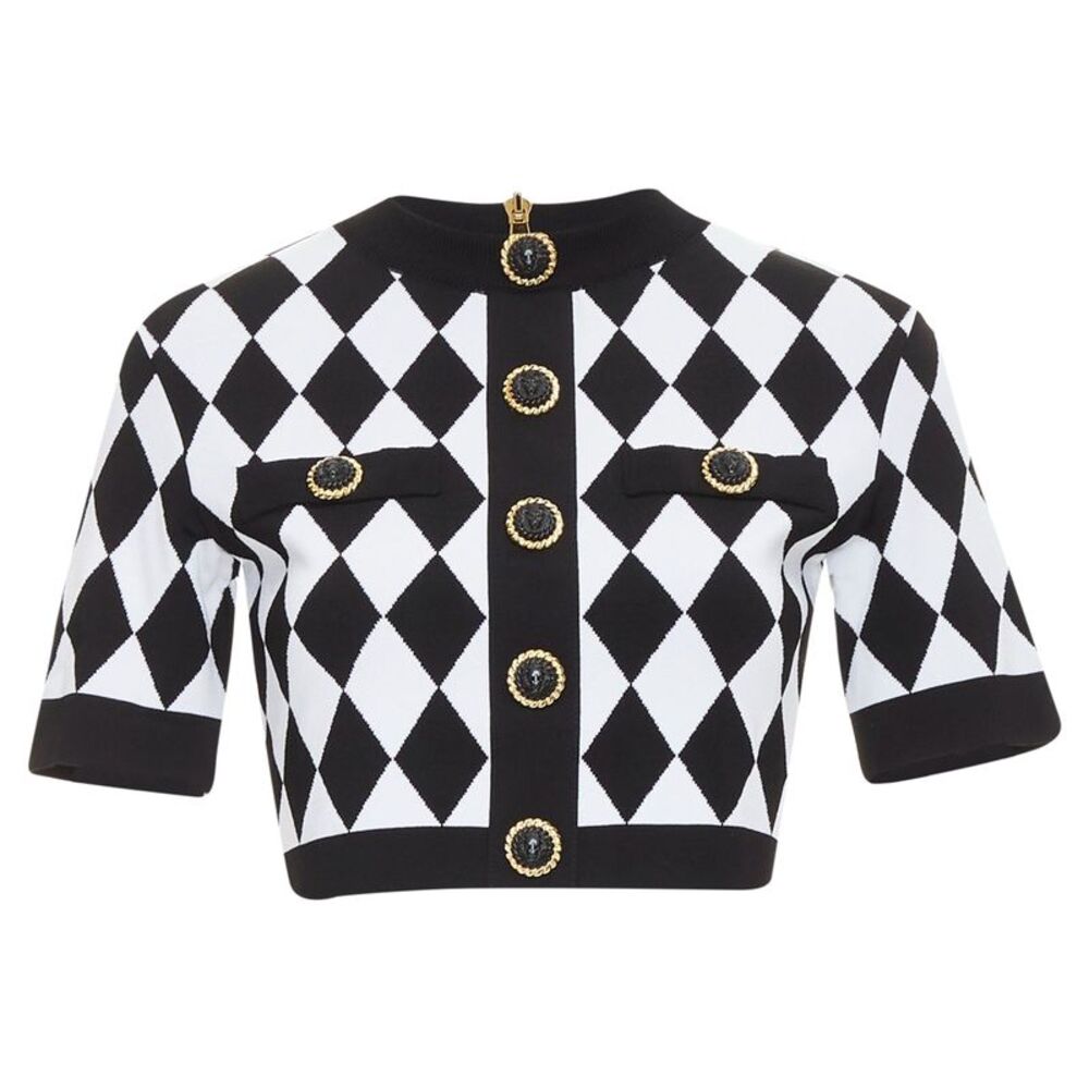 Balmain diamond check gold lion buttons sweater